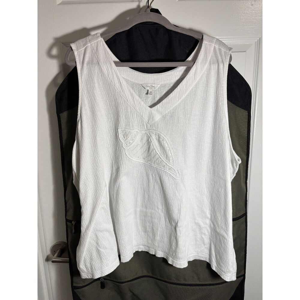 Coral Bay Women’s 1X White Cotton Blend Embroidered Sequin Leaf Sleeveless Top